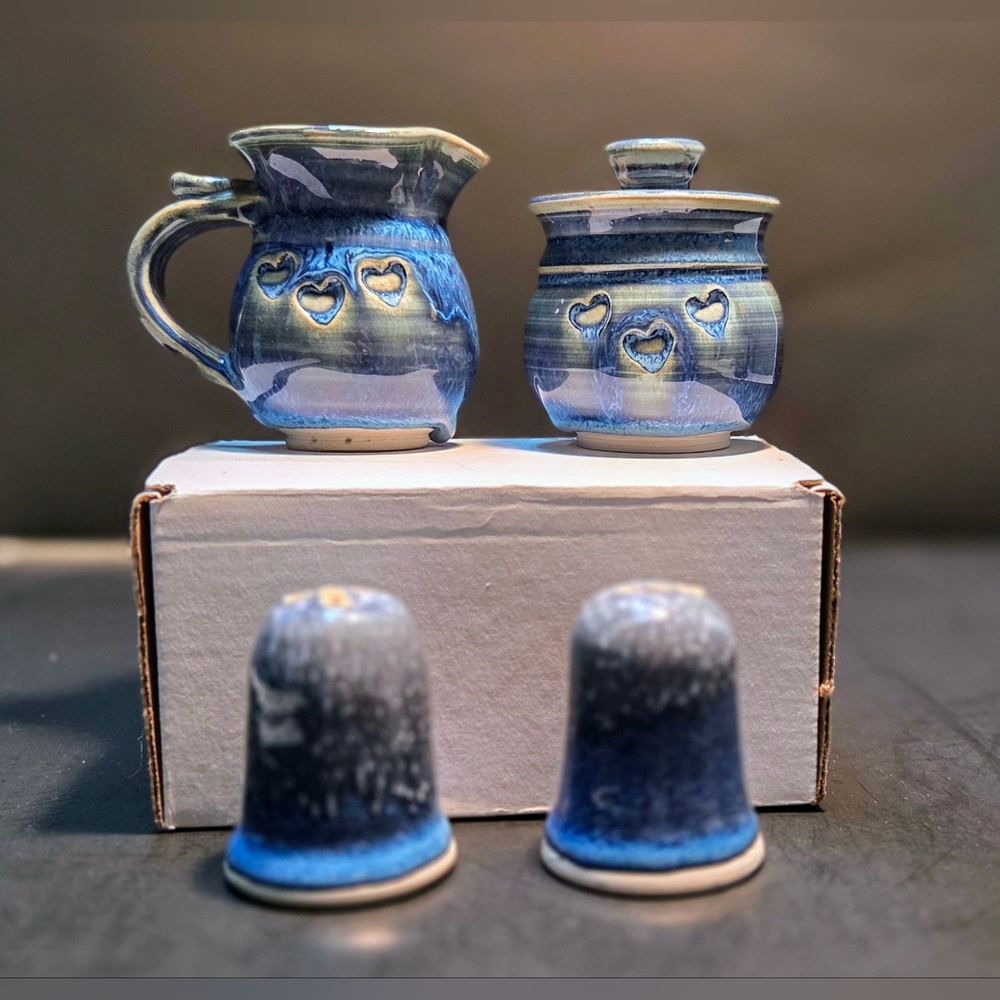 Signed Studio Art Pottery, Small Cream and Sugar Set And Salt & Pepper Shakers